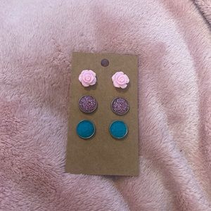 Rose earrings, pink sparkly earrings and blue sparkly earrings